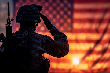 Silhouette of Soldier Saluting Against American Flag