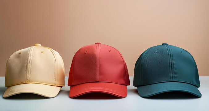 Gorras de distintos colores para verano sobre un fondo limpio aislado 
