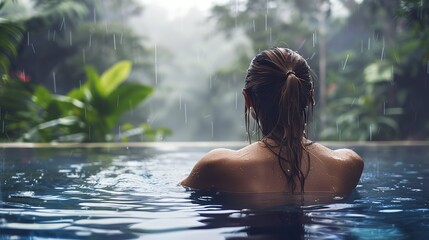 Fototapeta premium Happy Woman in Infinity Pool, Enjoying Warm Tropical Rain