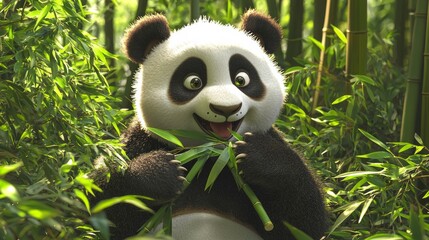Fototapeta premium Cute 3D Panda Bear Eating Bamboo in Lush Green Forest