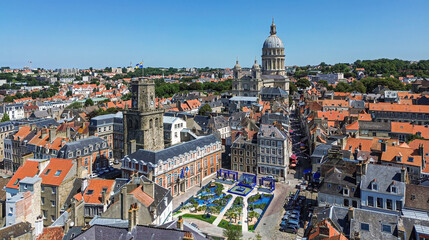 Aerial view of the Belfry of Boulogne-sur-Mer in the Pas-de-Calais département of Northern France - Medieval tower overlooking the Town Hall next to the Godefroy de Bouillon square © Alexandre ROSA