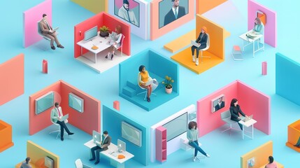 Collaborative Team Meeting in a Colorful Digital Workspace, a group of people sitting around a table in a room