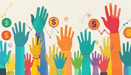 Fototapeta premium Colorful hands reaching up with dollar signs, symbolizing growth, opportunity, and collective success.