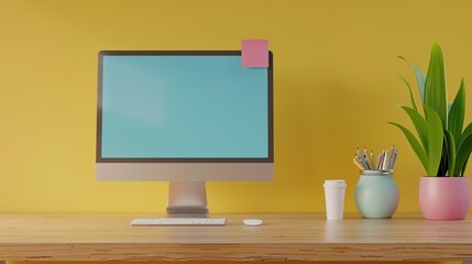 Modern Workspace with Computer and Sticky Notes in Empty Room