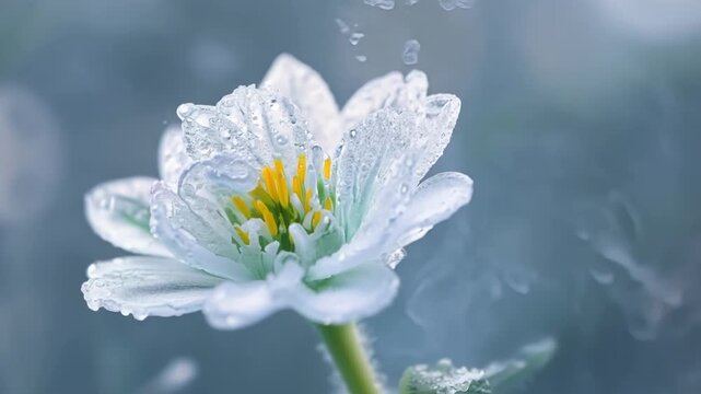 A closeup of a flower submerged in liquid nitrogen freezing it in a delicate and beautiful display.