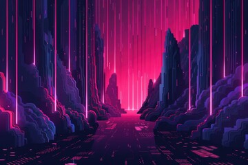 Neon Cityscape with Pink Glowing Lines and Circuitry