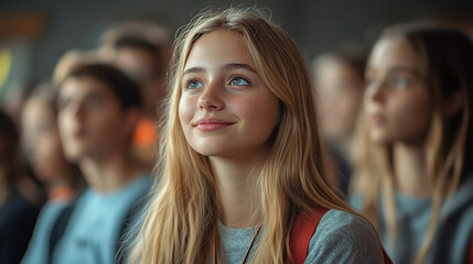 Obraz premium Young woman blonde hair smiling looking up crowd. Back To School concept. Generative AI