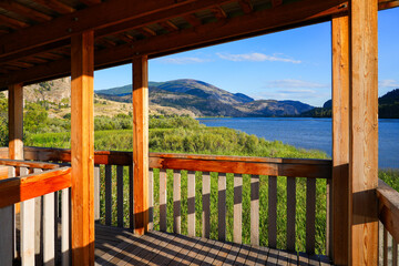 Fototapeta premium Bird observation tower at the Vaseux Lake Migratory Bird Sanctuary in the Okanagan Valley, British Columbia, Canada