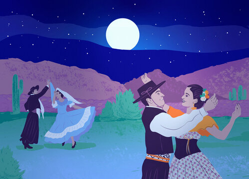 Zamba Tucumana dos parejas de gauchos bailando en paisaje nocturno del norte de Argentina con ropas tradicionales.