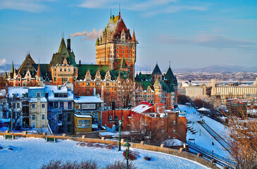 Château Frontenac palace hotel in Québec City (Canada) in winter - Skyline of the frozen city of...