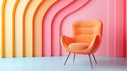 A colorful chair sits in front of a wall with a rainbow pattern
