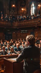 Obraz premium Academic debate students at podiums engaged arguments scholarly setting focused audience