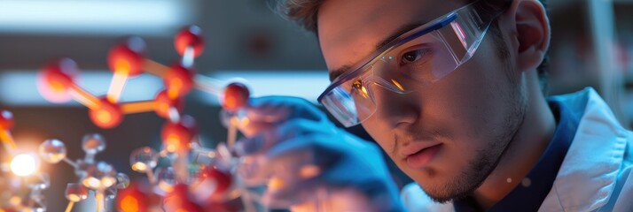 Young researcher examining a molecular structure model in a modern laboratory setting