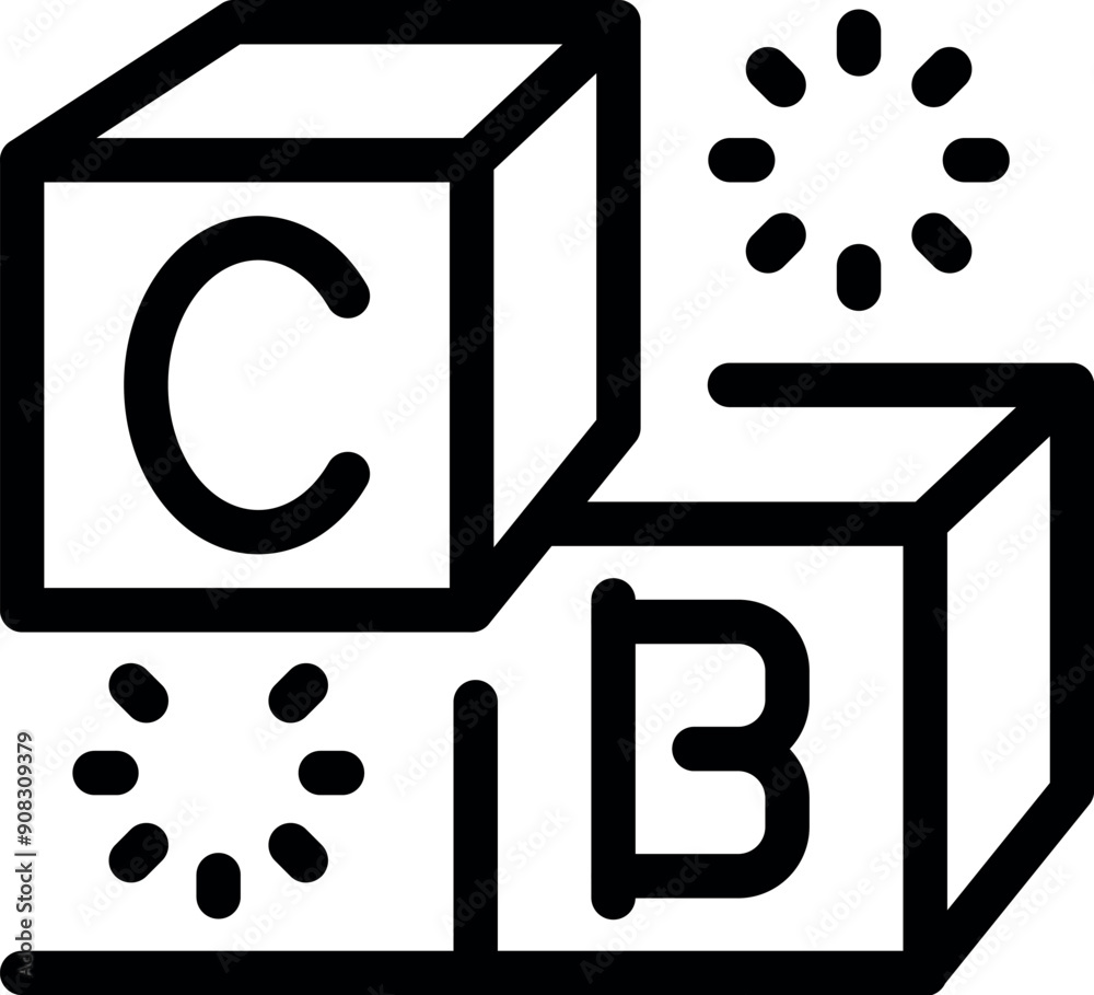 Poster line icon of alphabet blocks and loading symbol representing the concept of child development