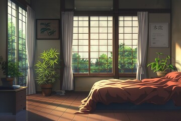 Cozy Anime Bedroom. High Detailed Plain Background Concept