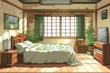 Cozy Anime Bedroom. High detailed plain background concept