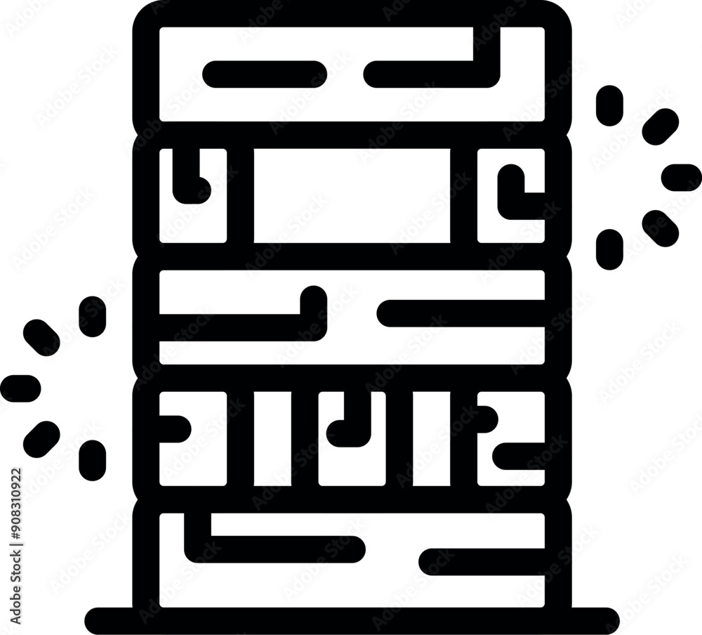 Poster line art icon of a data center server rack with a loading animation, representing data access and pr
