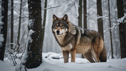 Obraz premium A majestic wolf stands amidst snow-covered trees in a winter forest, showcasing its natural beauty and strength in a serene environment. 