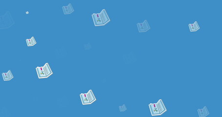 Image of multiple science textbook icons in seamless pattern on blue background with copy space