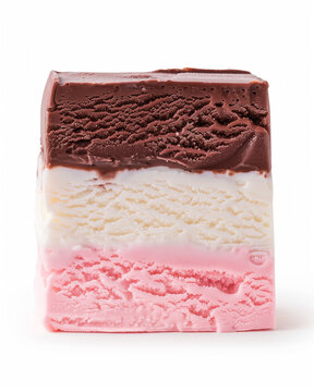 A Neapolitan ice cream slice with three flavors