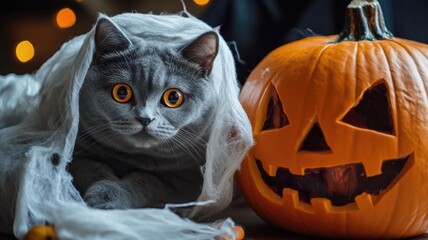 Gray cat next to carved pumpkin and fake cobwebs, Halloween decoration