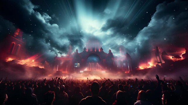A large crowd of people are at a concert, dancing and cheering. The stage is illuminated with bright lights and fireworks.