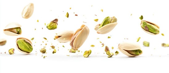 Pistachios in mid-air with shell fragments