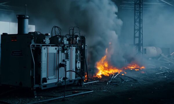Industrial Inferno: A haunting and dramatic image capturing the aftermath of a devastating fire in a factory. The scene is filled with smoke and debris, with a large piece of machinery engulfed in fla