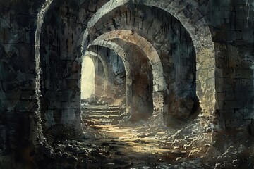 Obraz premium Mysterious, Grungy Dungeon Corridor with Arched Doorway