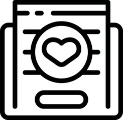 Simple, bold line icon of an online dating app displaying a profile featuring a prominent heart symbol, signifying love and romance