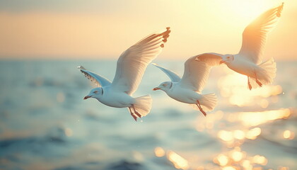 Seagulls Flying Over Golden Sunset Water