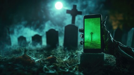 Zombie hand holding phone in eerie graveyard at night