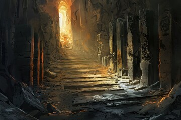 Ancient temple ruins with glowing magical portal in distance