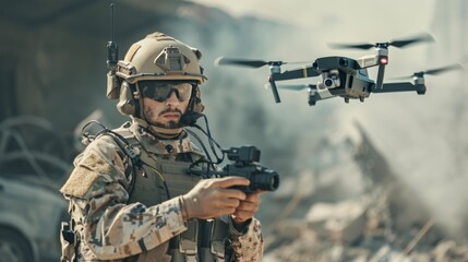 Obraz premium Soldier Operating Drone in Field 9