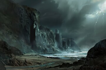 Dark and stormy cliffs by the sea with a lightning bolt in the distance