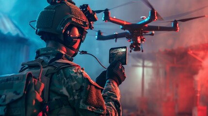 Fototapeta premium Soldier Operating Drone in Field 3