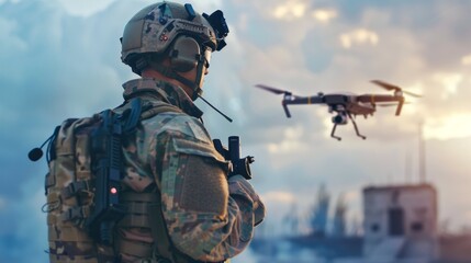 Fototapeta premium Soldier Operating Drone in Field 1
