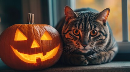 Tabby cat resting beside glowing jack-o'-lantern carved pumpkin