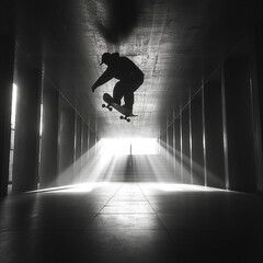 Half air skateboarder,silhouette silhouette in light
