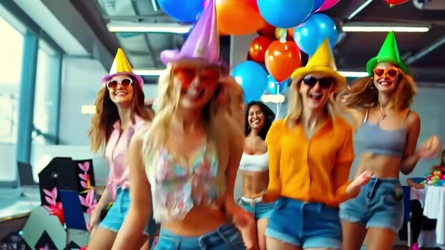 Corporate folks dancing in a conga queue at the conference room window while sporting party hats