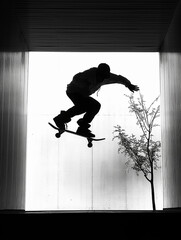 Half air skateboarder,silhouette silhouette in light
