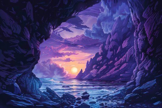 Rocky purple cave entrance to a beautiful alien planet landscape with a setting sun