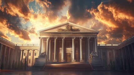 Obraz premium Grand Classical Building with Golden Wings Against a Dramatic Sunset