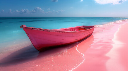 a small boat anchored on a pink beach with deep blue sea, representing a peaceful and healing vacation
