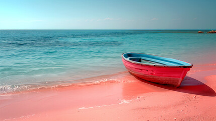 a small boat anchored on a pink beach with deep blue sea, representing a peaceful and healing vacation