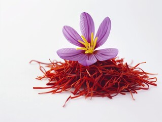 Saffron (Crocus sativus) flowers on white background. stigmas in evidence. spice dried