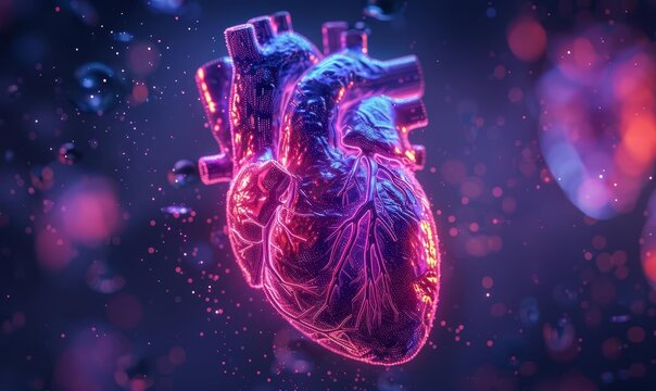 Human anatomy vibrant colors closeup on heart chiaroscuro lighting high detail medical illustration style
