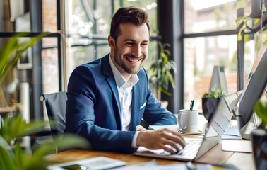 Obraz premium Planning, businessman and happy with laptop at desk for research, email and stock market. Financial advisor, documents and trading or smile in office for career, finance and technology in workplace