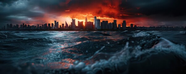 Fototapeta premium Ocean flood with a coastal city overwhelmed by rising waters, illustrating the effects of climate change, Documentary, Dark tones, Digital painting