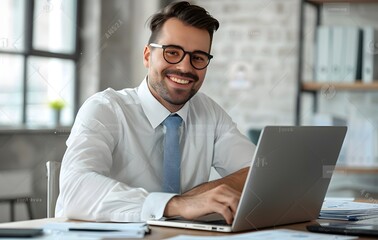 Fototapeta premium Planning, businessman and happy with laptop at desk for research, email and stock market. Financial advisor, documents and trading or smile in office for career, finance and technology in workplace